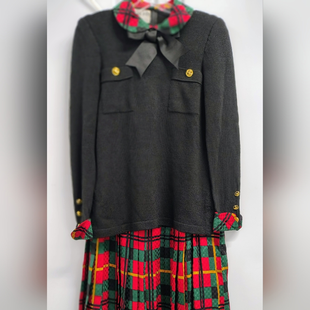 VTG ADOLFO RARE 2PC CLASSIC SANTANA KNIT TOP, PLAID PLEATS SILK SKIRT Sz S Vtg10
